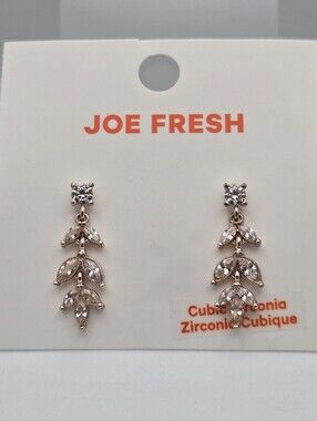 ✨2/$10✨ Joe Fresh Gold Tone CZ Leaf Drop Earrings Cubic Zirconia Dangles New 1”